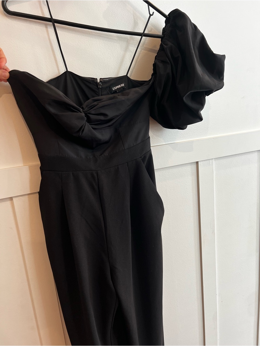 Express Black One-Shoulder Jumpsuit with Puff Sleeve